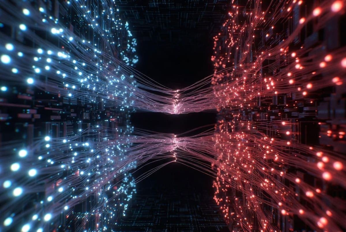 Abstract representation of severed digital connections between two large technology companies across a divided network