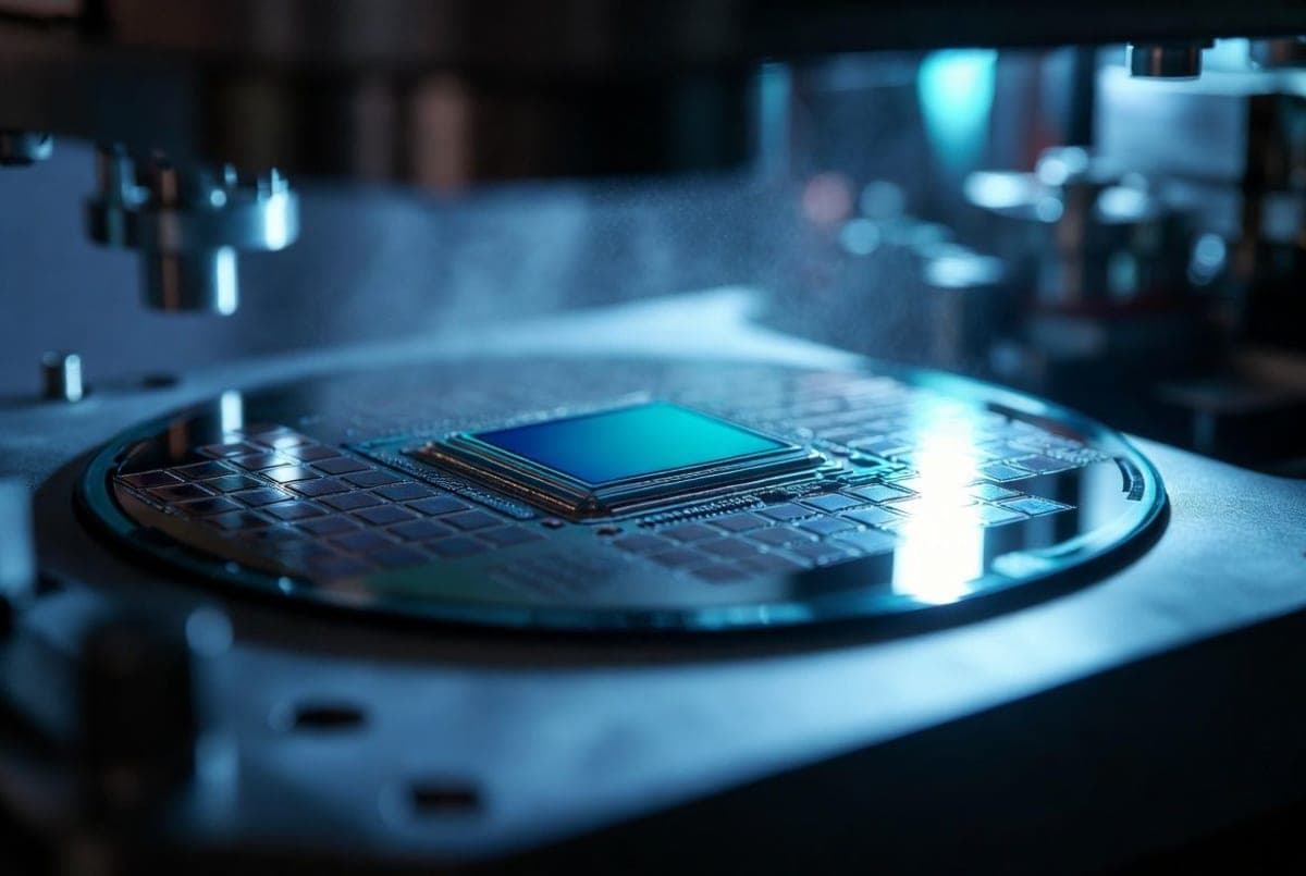 Close-up of a silicon wafer and AI processor die under blue industrial lighting