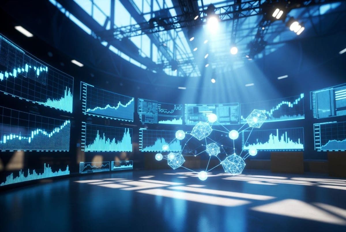 Stock exchange trading floor with digital displays showing rising financial data and a stylized artificial intelligence motif